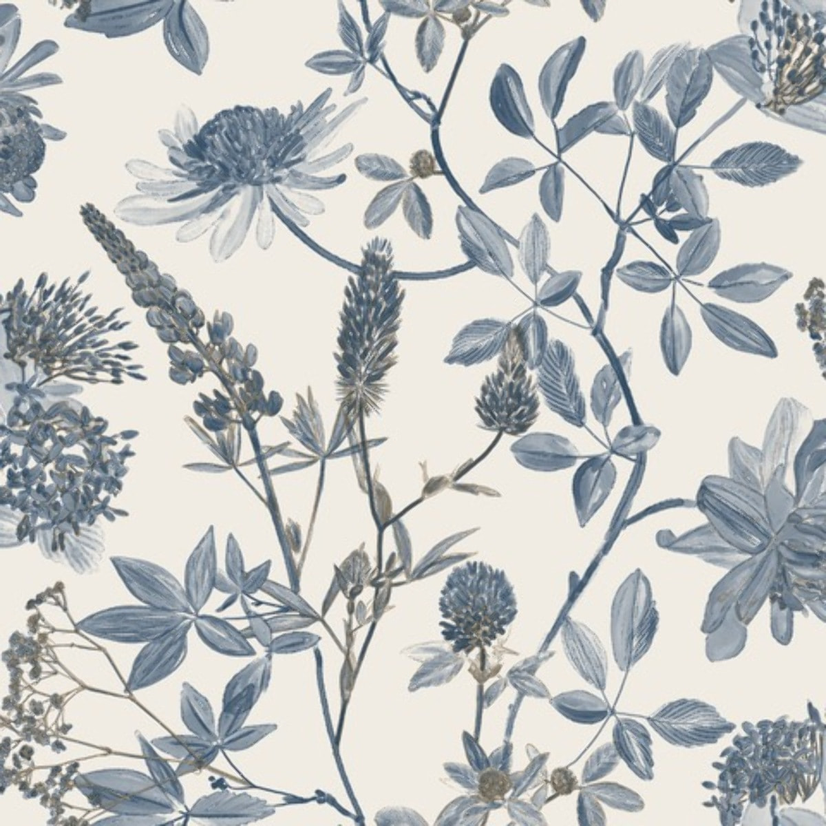 Papier peint floral botanique bleu indigo fond blanc