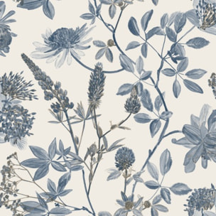 Papier peint floral botanique bleu indigo fond blanc