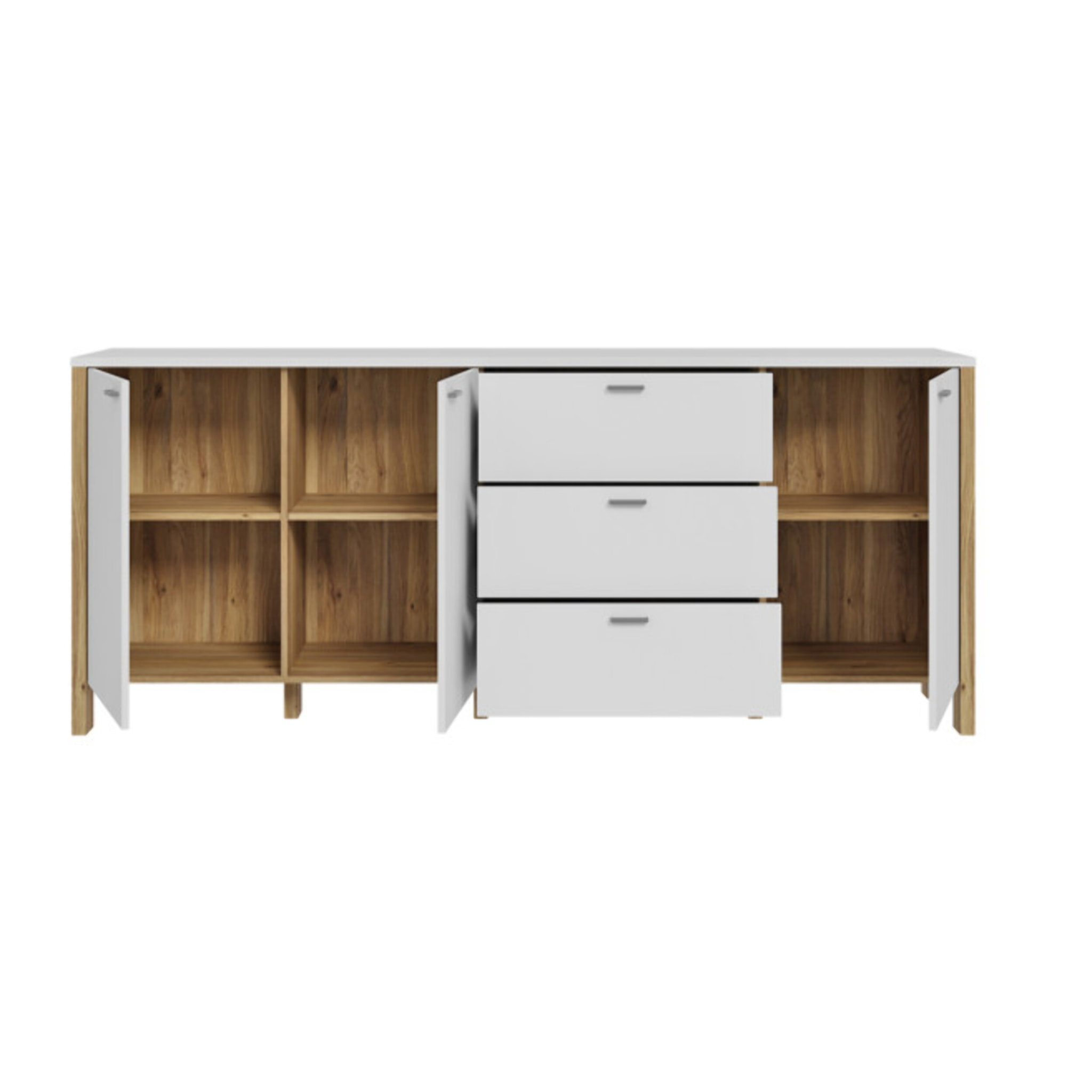 Buffet L208 cm 3 tiroirs 3 portes décor chêne et gris clair - BOLERO