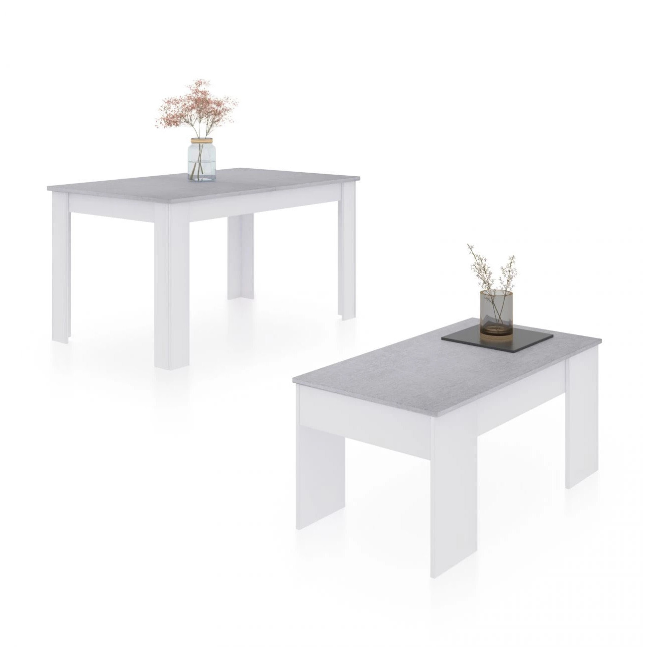 Pack mesa de comedor 140 y mesa de centro Vita Blanco Artik (Blanco Mate) - Gris Cemento