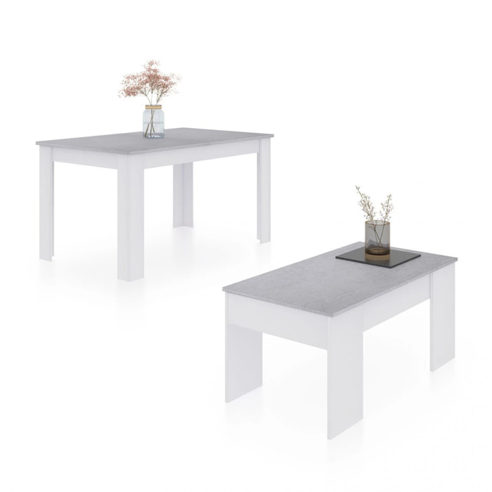 Pack mesa de comedor 140 y mesa de centro Vita Blanco Artik (Blanco Mate) - Gris Cemento