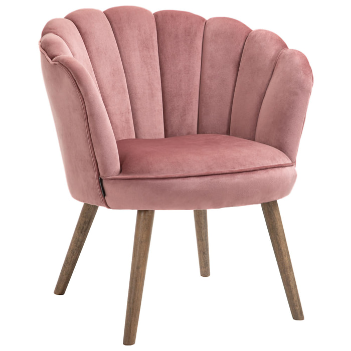 Fauteuil design coquillage piètement effilé bois d'hévéa dossier enveloppant strié aspect velours rose poudré