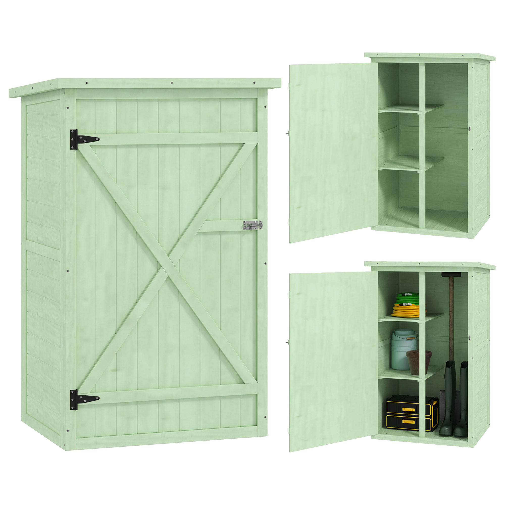 Caseta de Jardín de Madera 75x56x115 cm Armario Cobertizo de Exterior para Herramientas con 3 Estantes Interiores Puerta con Pestillo y Techo Asfáltico Verde