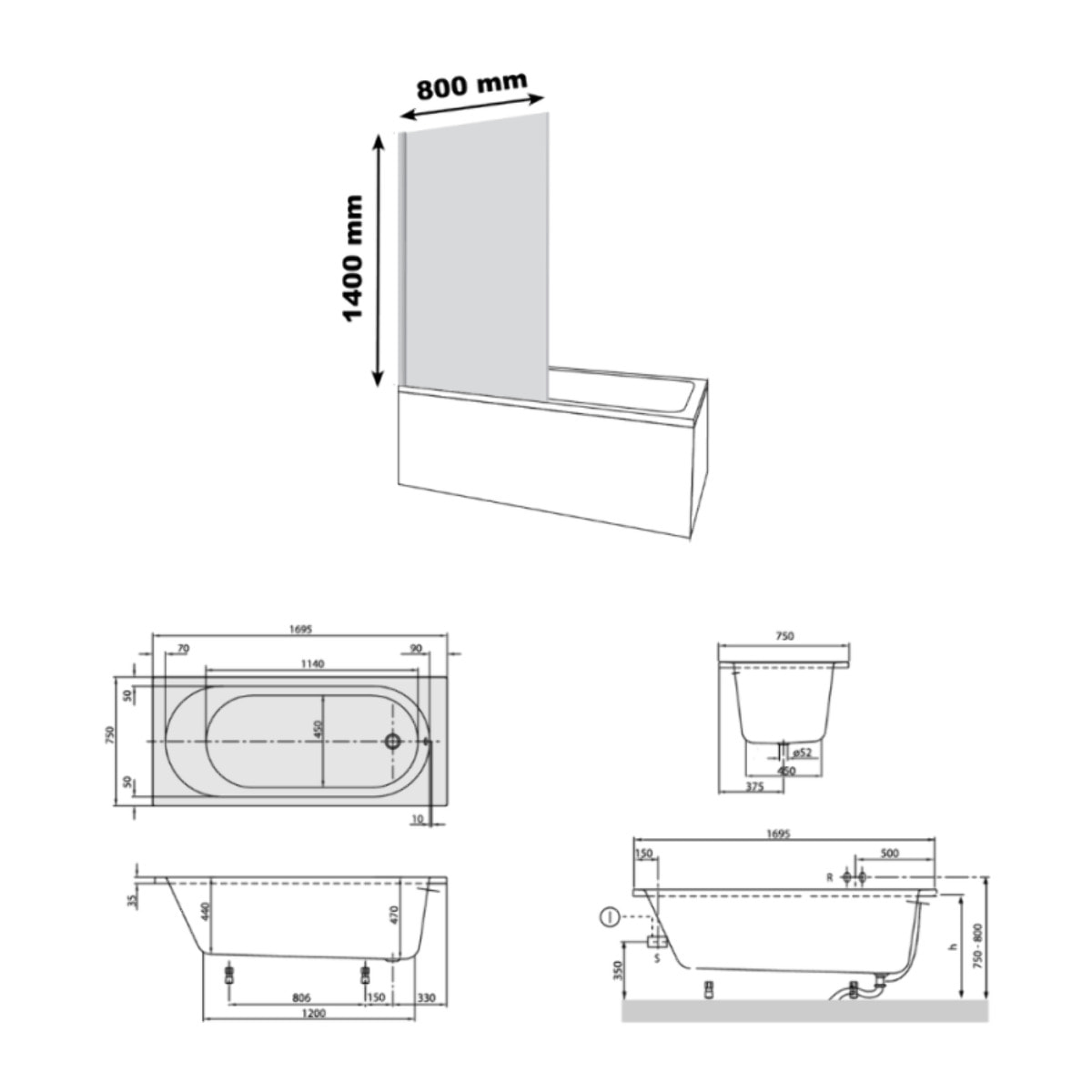 Bañera derecha con patas 170x75 cm, color blanco VILLEROY & BOCH O.Novo + Mampara de baño izquierda Raywall cromada AURYS