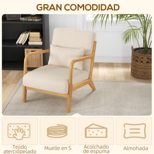 Butaca de Salón Nórdica Sillón Individual Acolchado Silla de Ocio con Reposabrazos Cojín y Marco de Madera de Caucho para Dormitorio Carga 120 kg 61x78x76 cm Beige