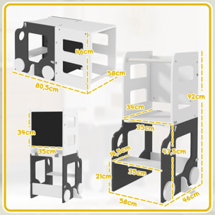 Torre de Aprendizaje 4 en 1 Taburete de Aprendizaje para Niños de +3 Años en Forma de Coche Convertible en Mesa y Silla con Pizarra de Doble Cara Barra de Seguridad 58x46x92 cm Blanco y Gris