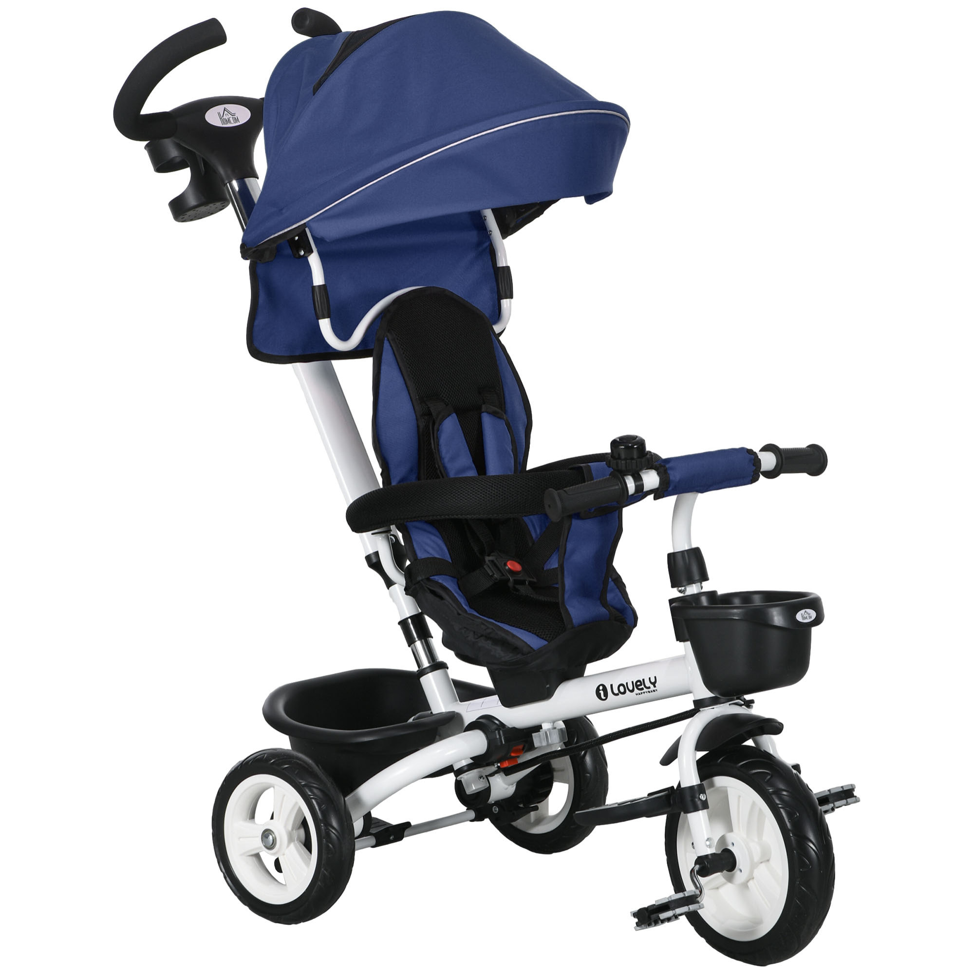 Triciclo para Bebés Plegable Triciclo Evolutivo 2 en 1 para Niños de 12-60 Meses con Toldo Plegable Mango de Empuje Telescópico Reposapiés Cinturón de Seguridad y Cestas Azul