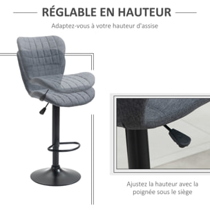 Lot de 2 tabourets de bar design dossier incurvé capitonné hauteur d'assise réglable 61-81 cm pivotant 360° repose-pied velours gris