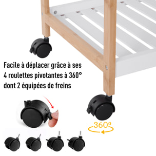 Chariot de service desserte de cuisine à roulettes 2 étagères + plateau amovible bois de pin MDF blanc