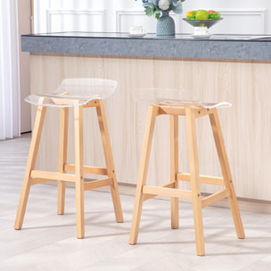 Lot de 2 tabourets de bar design contemporain bois de hêtre assise acrylique transparent