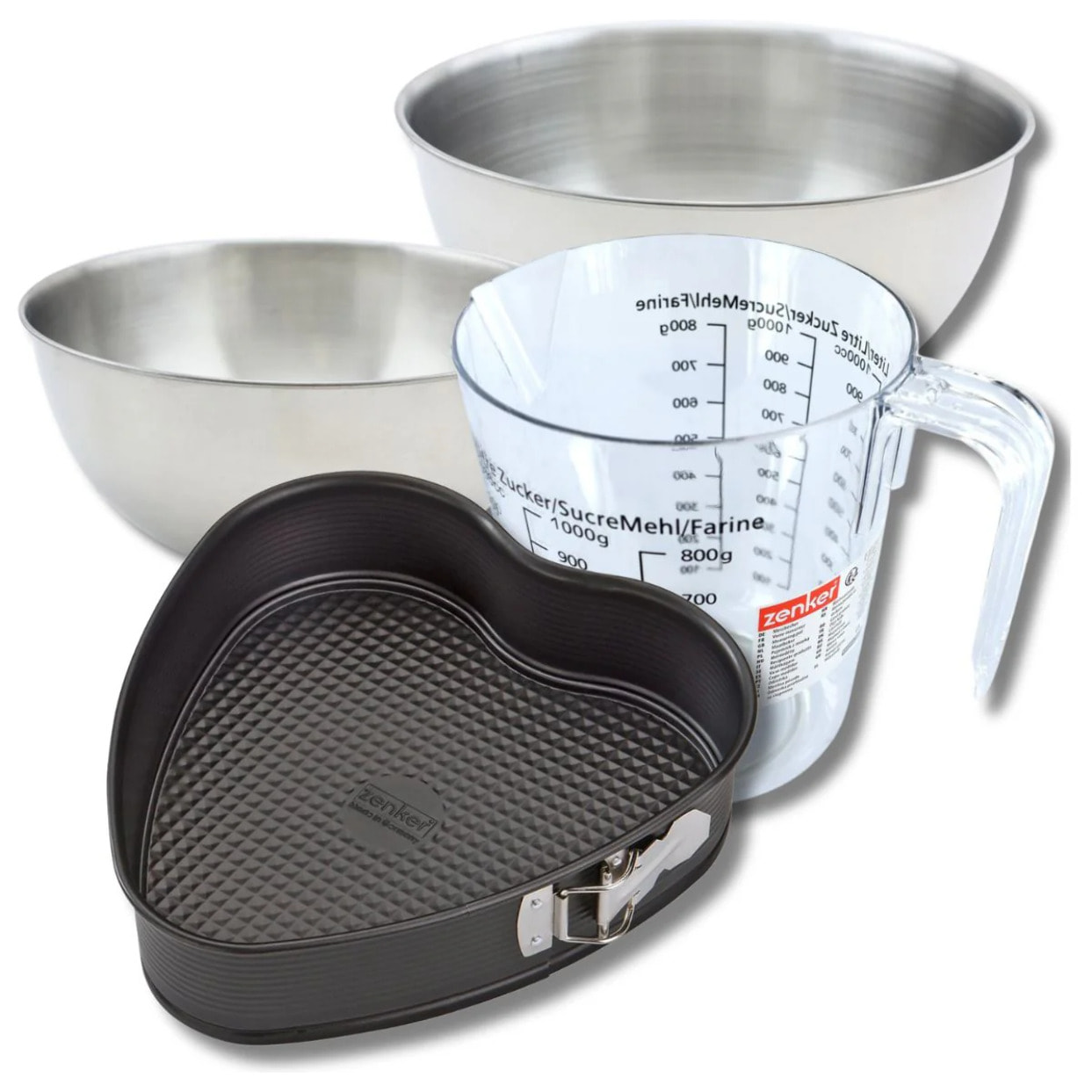 Set pâtisserie avec moule à gâteau cœur 27 x 25 cm en acier, 2 bols à mixer, verre mesureur et spatule Zenker