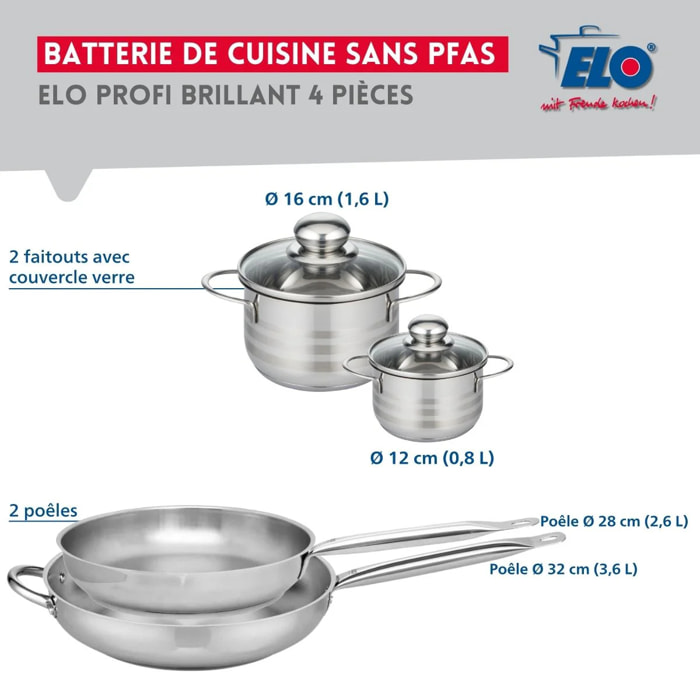 Ensemble de 2 Poêles de cuisson 28 et 32 cm et 2 faitouts 12 et 16 cm Elo Profi Brillant