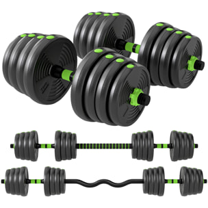 Ensemble d'haltères musculation multifonction 3 en 1 - haltères, Olympic barre, Curl EZ barre - total 30Kg - PVC vert noir