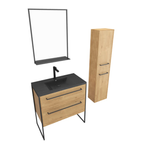 Pack meuble de salle de bain 80x50cm chene brun - 2 tiroirs chene brun - vasque resine noire