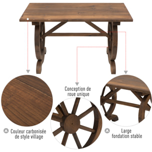 Table basse de jardin style rustique chic piètement roues charette bois sapin traité carbonisation