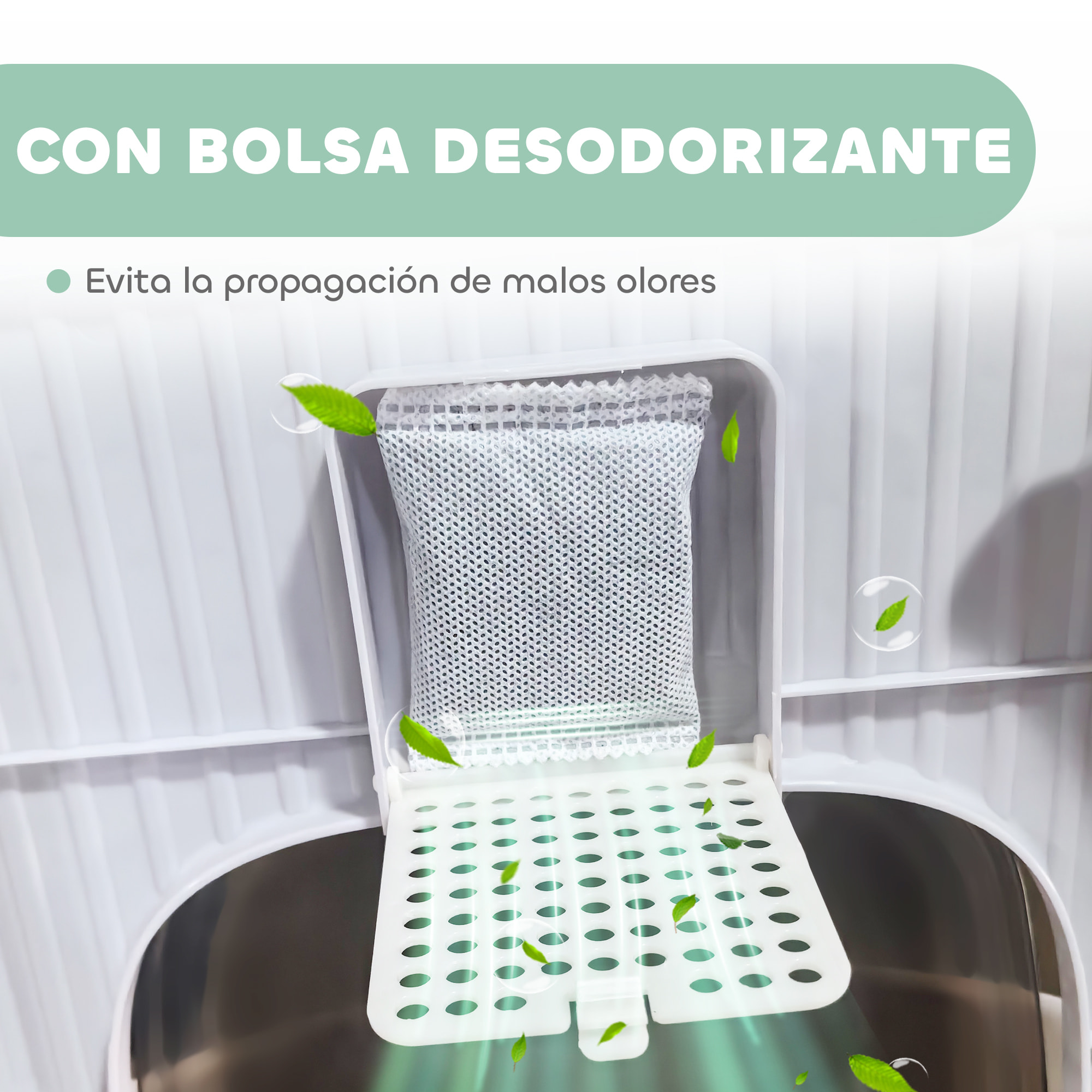 Arenero para Gatos Cubierto Caja de Arena para Gatos Arenero Cerrado con Entrada Frontal Salida Superior Tapa Removible Bandeja Extraíble y Pala 40,5x52,5x42,5 cm Blanco y Verde