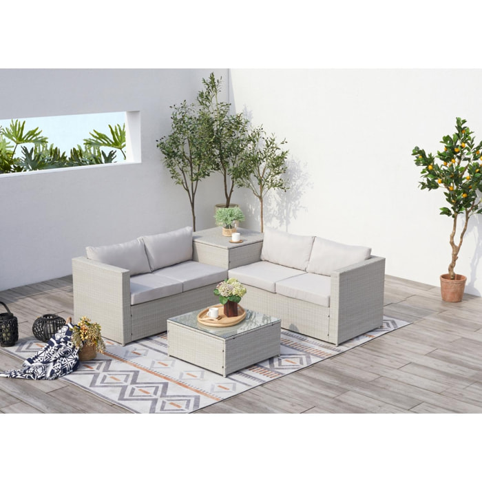 Salon de jardin avec coffre 4 places en résine gris clair OACARI