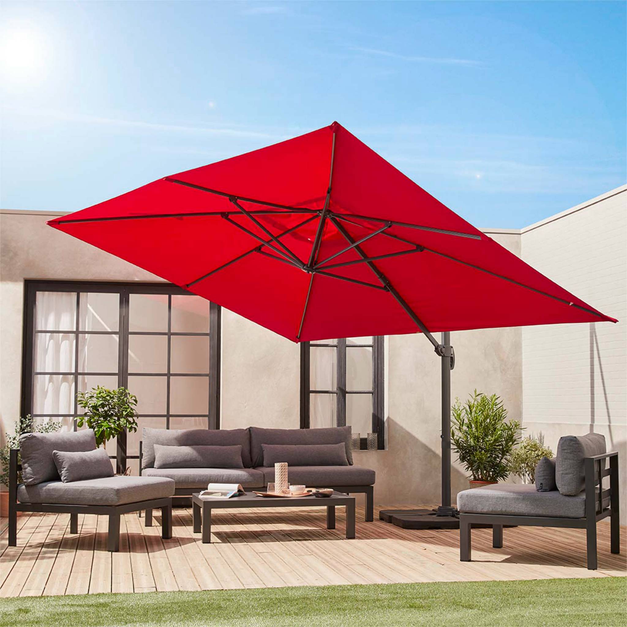 Parasol déporté rectangulaire 3x4m - Wimereux - rouge- Parasol excentré inclinable dans 6 positions. rotatif à 360°.