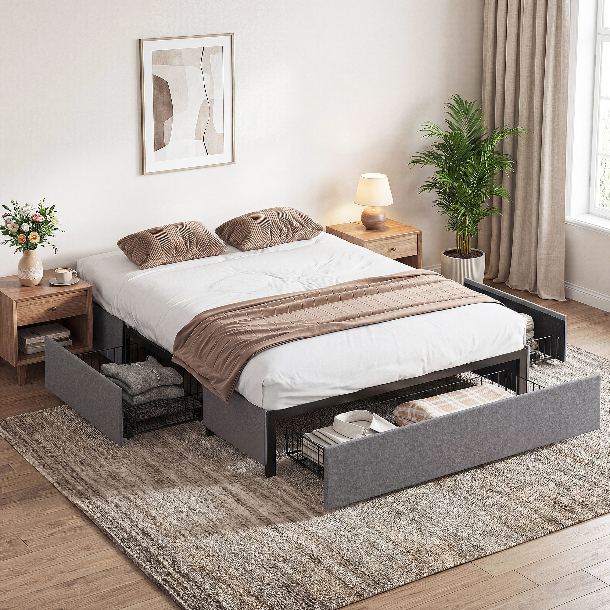 Cama Doble 140x190 cm Estructura de Cama Somier con 3 Cajones y Estructura de Metal Carga 363 kg Gris