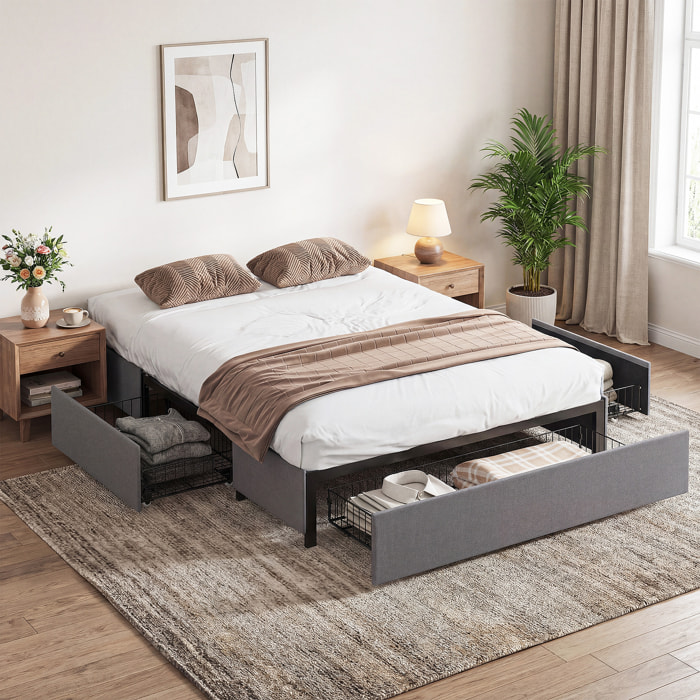 Cama Doble 140x190 cm Estructura de Cama Somier con 3 Cajones y Estructura de Metal Carga 363 kg Gris