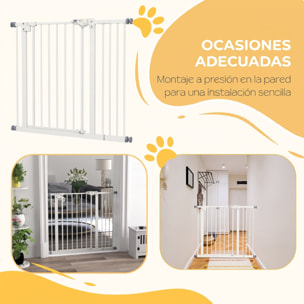 Barrera de Seguridad para Perros Extensible 74-94 cm, para Puertas y Escaleras, Barrera para Perros Medianos, Cierre Automático Montaje a Presión Doble Bloqueo 1 Extensión 14 cm, Blanco