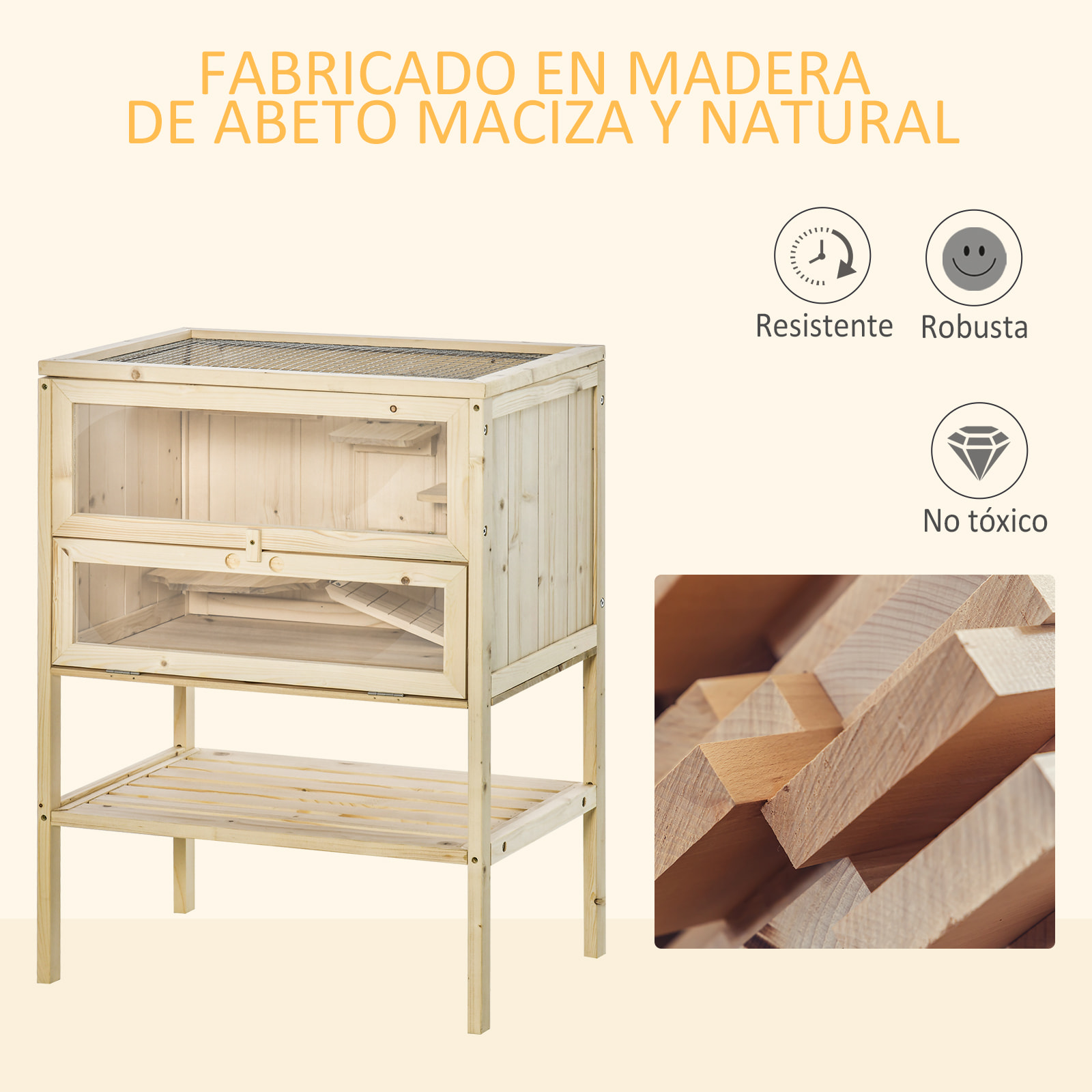 Jaula para Hámster de Abeto 60x40x80 cm Madera Natural