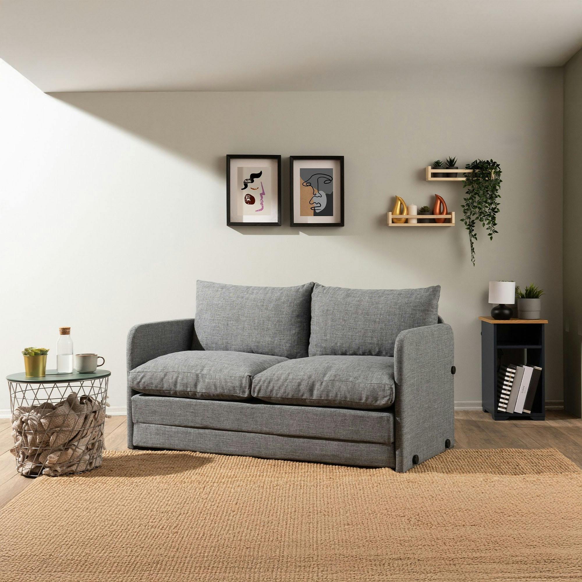 Canapé-lit en lin gris chiné, 2 personnes 140 cm ORURO