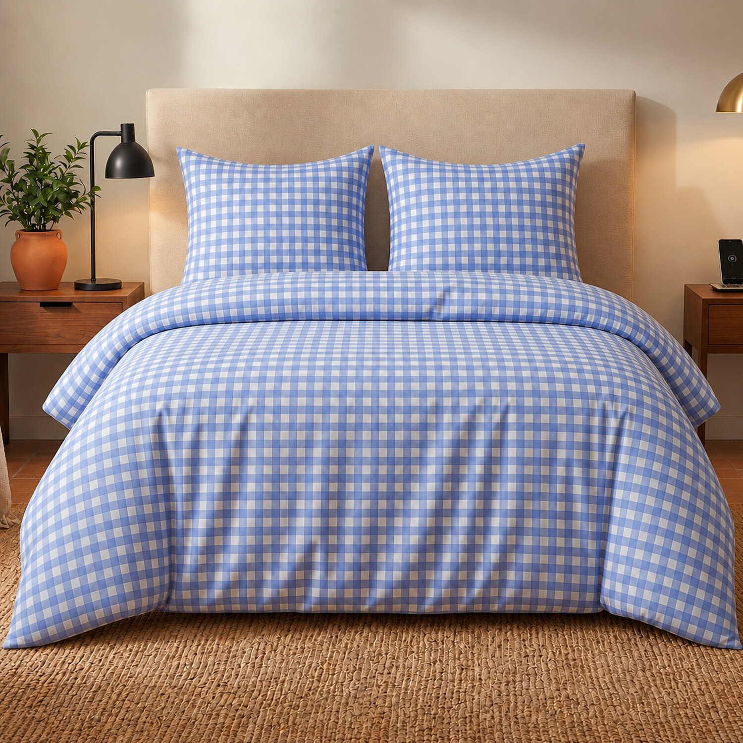 Parure housse de couette 240x220 cm imprimée vichy bleu + 2 taies 100% Coton - CELESTIN