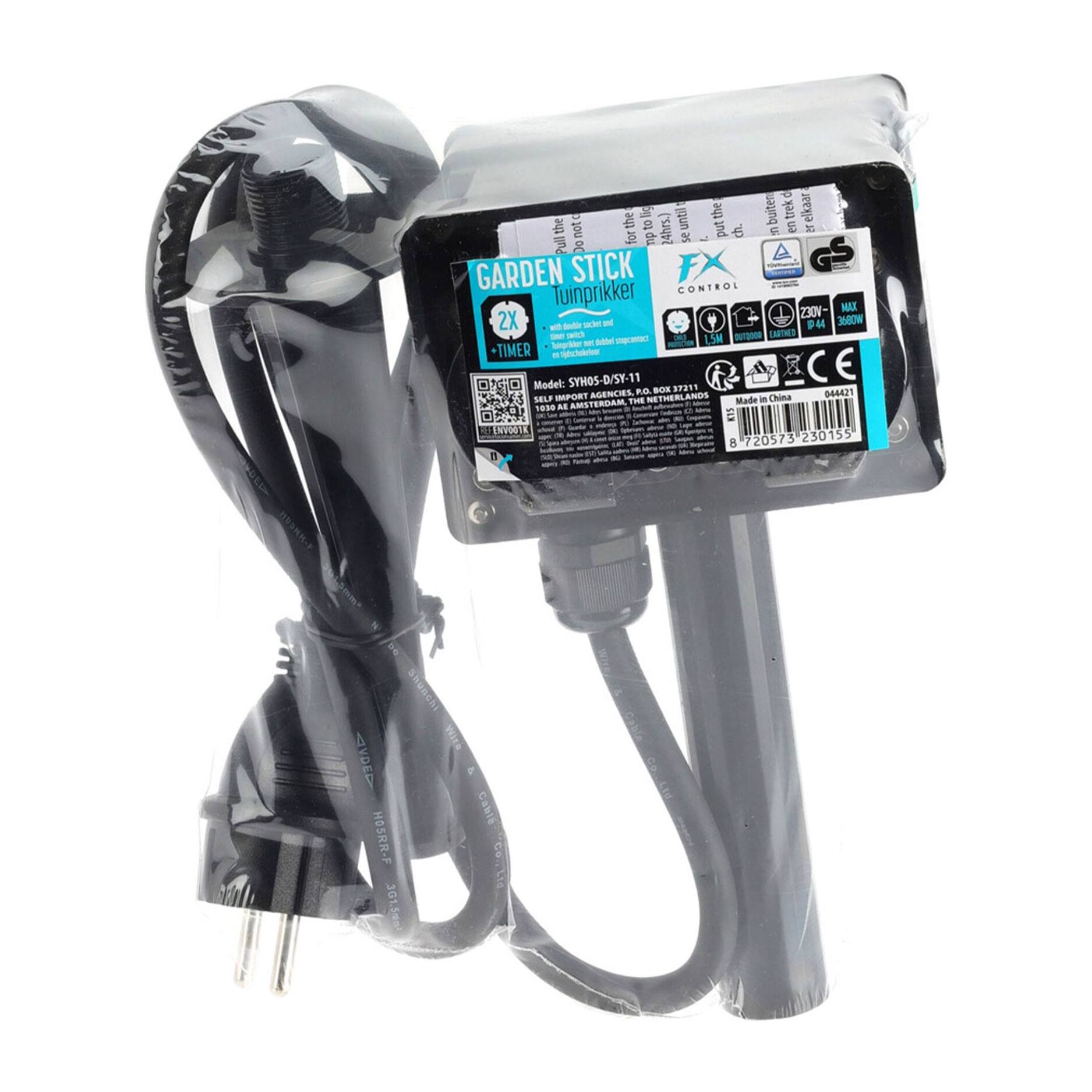 Pincho de Jardín con 2 enchufes alemanes y temporizador, cable de 1,5m y Protección infantil