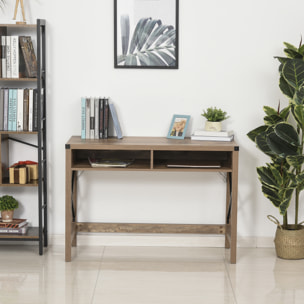 Bureau design industriel grand plateau 2 niches métal noir panneaux particules imitation bois veinage marron