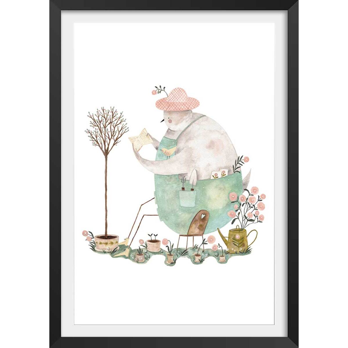 Affiche enfant un oiseau au jardin  Affiche + cadre en bois - Noir