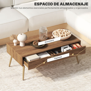 Mesa de Centro Mesa baja para Salón con 2 Cajones y Patas de Acero para Sala de Estar Dormitorio 100x50x41 cm Marrón