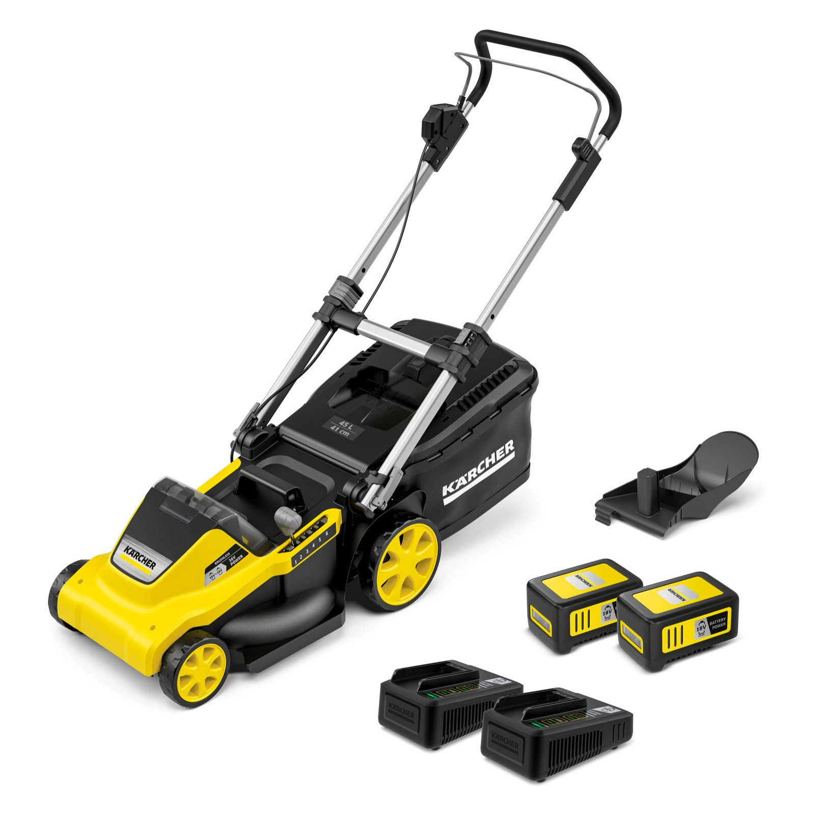 Tondeuse à gazon sans fil 36 V Karcher LMO 5-18 Dual avec 2 batteries 18V-5Ah- moteur brushless- autonomie 550 m²- coupe 41 cm