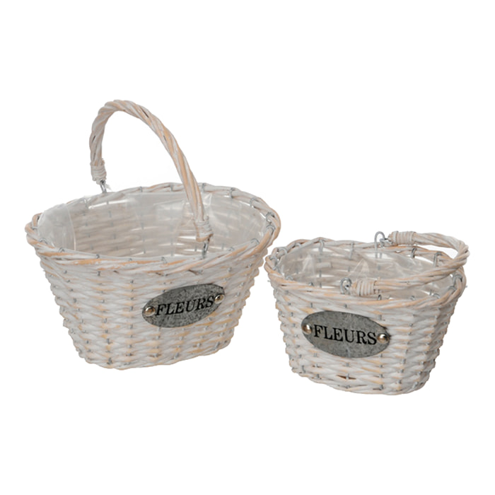 Set Di 2 Cesto In Vimini Con Manico. Larghezza 22 Cm - Pezzi 2 - 22X22X18cm - Colore: Bianco - Bianchi Dino - Cesteria