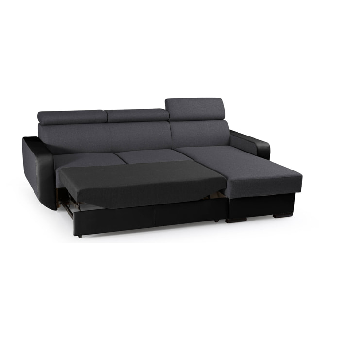 Dustin - Canapé d'angle réversible - 4 places - Convertible avec coffre - Têtières réglables - Noir / Gris