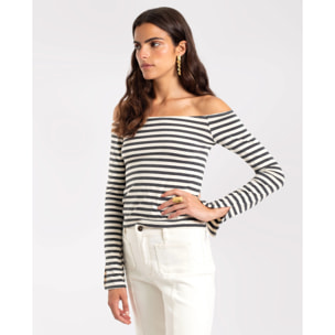Camiseta mujer de rayas y escote bardot