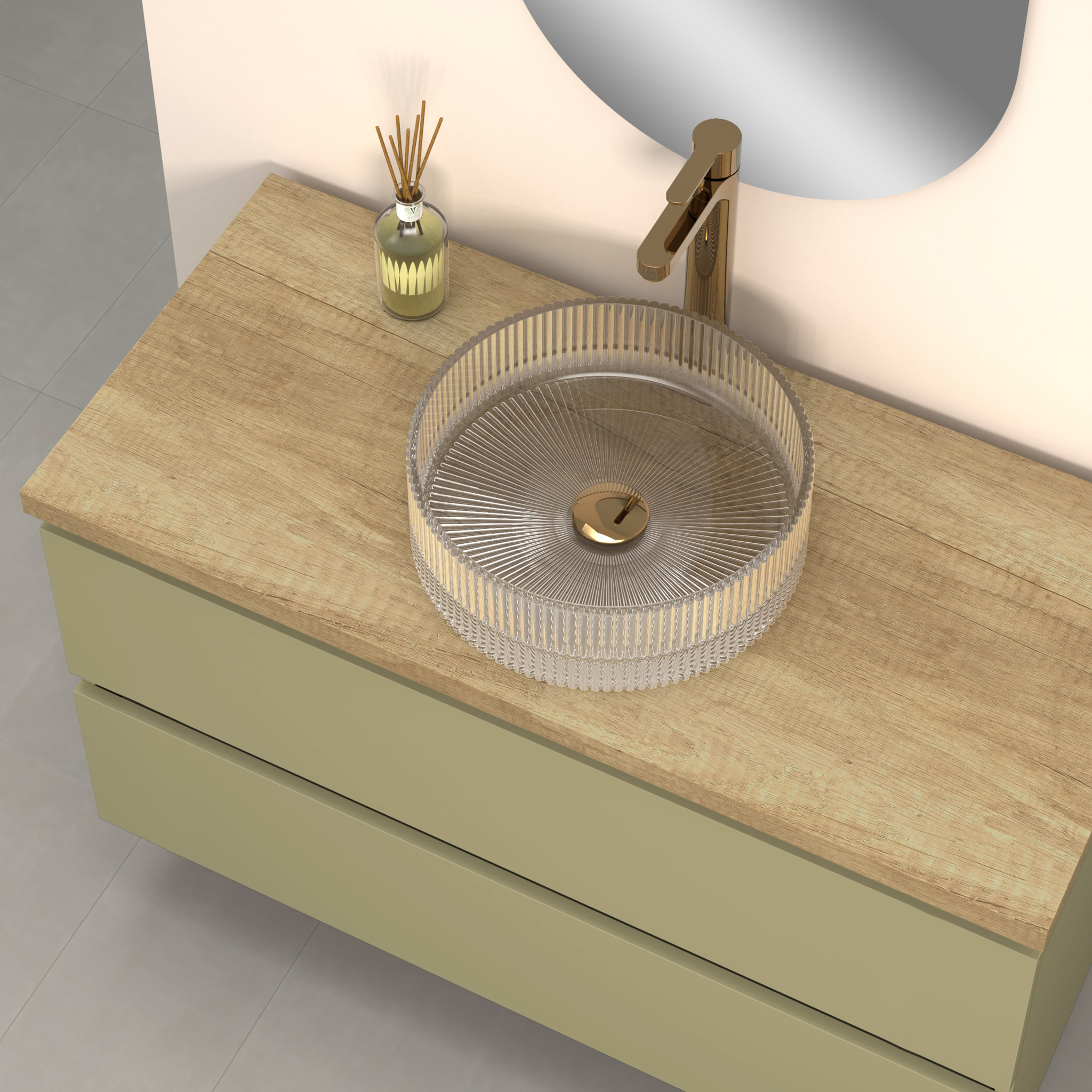 ENSEMBLE DE SALLE DE BAINS KUB | CACTUS VERT 100 CM | DEUX TIROIRS | ÉVIER EN VERRE | MIROIR NON INCLUS | MEUBLES ASSEMBLÉS | ALDAY