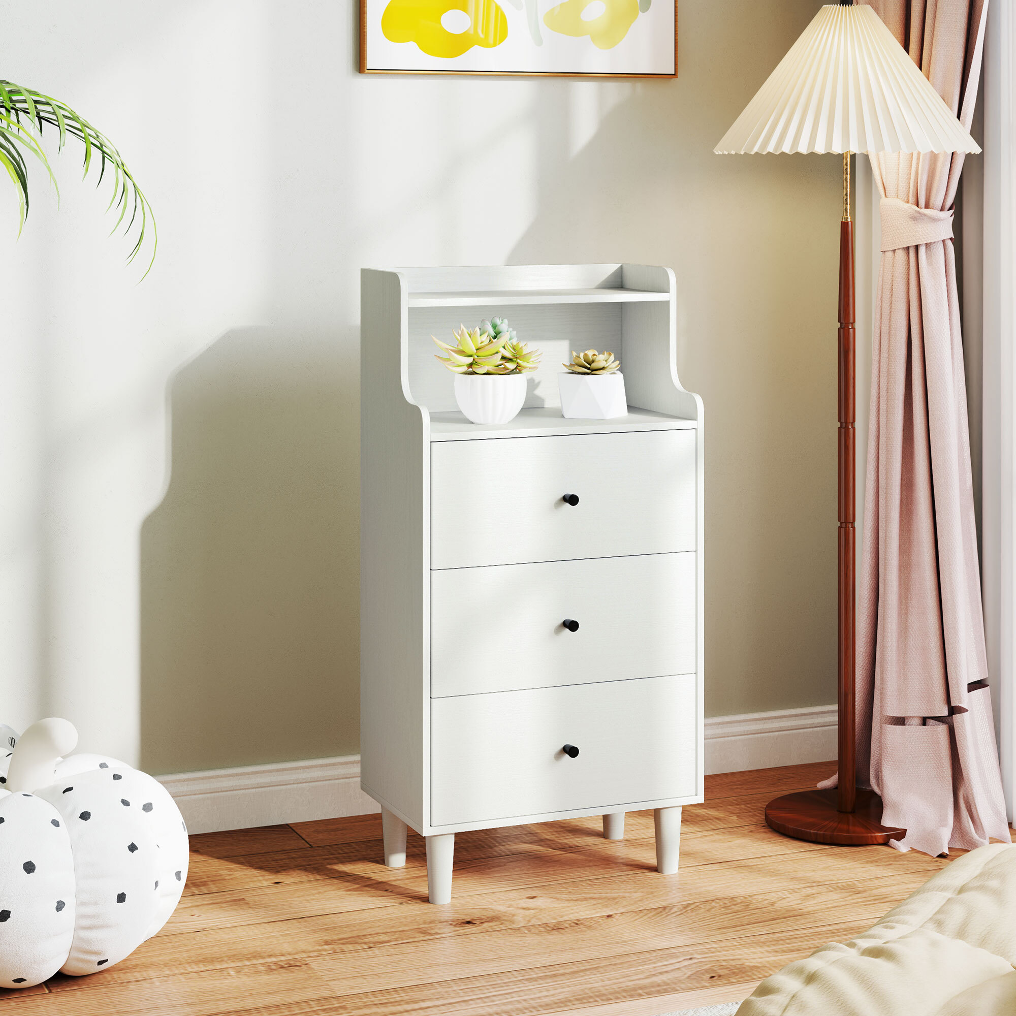 Cómoda con 3 Cajones Cómoda de Dormitorio Estrecha con Estantes Abiertos Anti-vuelco Cajonera Alta para Salón Pasillo 47x29x95 cm Blanco