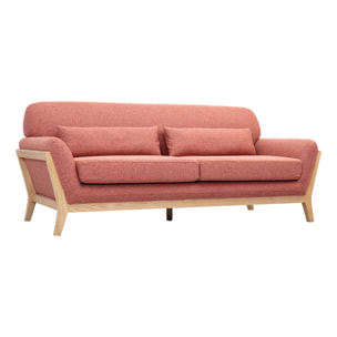 Canapé scandinave 3 places en tissu effet velours texturé terracotta et bois clair YOKO