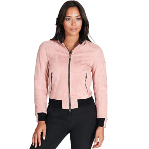 Bomber in pelle scamosciata rosa collo in lana merino a contrasto