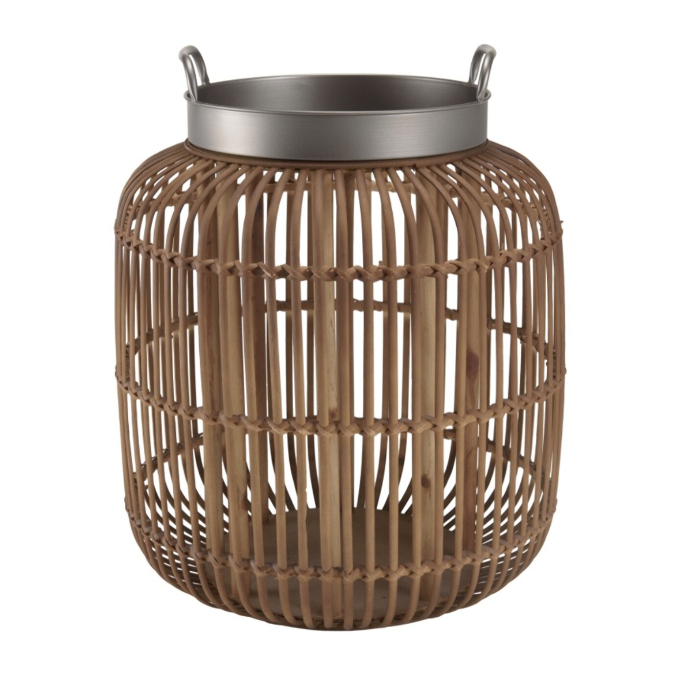 VICTOIRE - Table d'appoint cylindrique avec poignées 51x51cm plateau en métal noir piètement en rotin marron