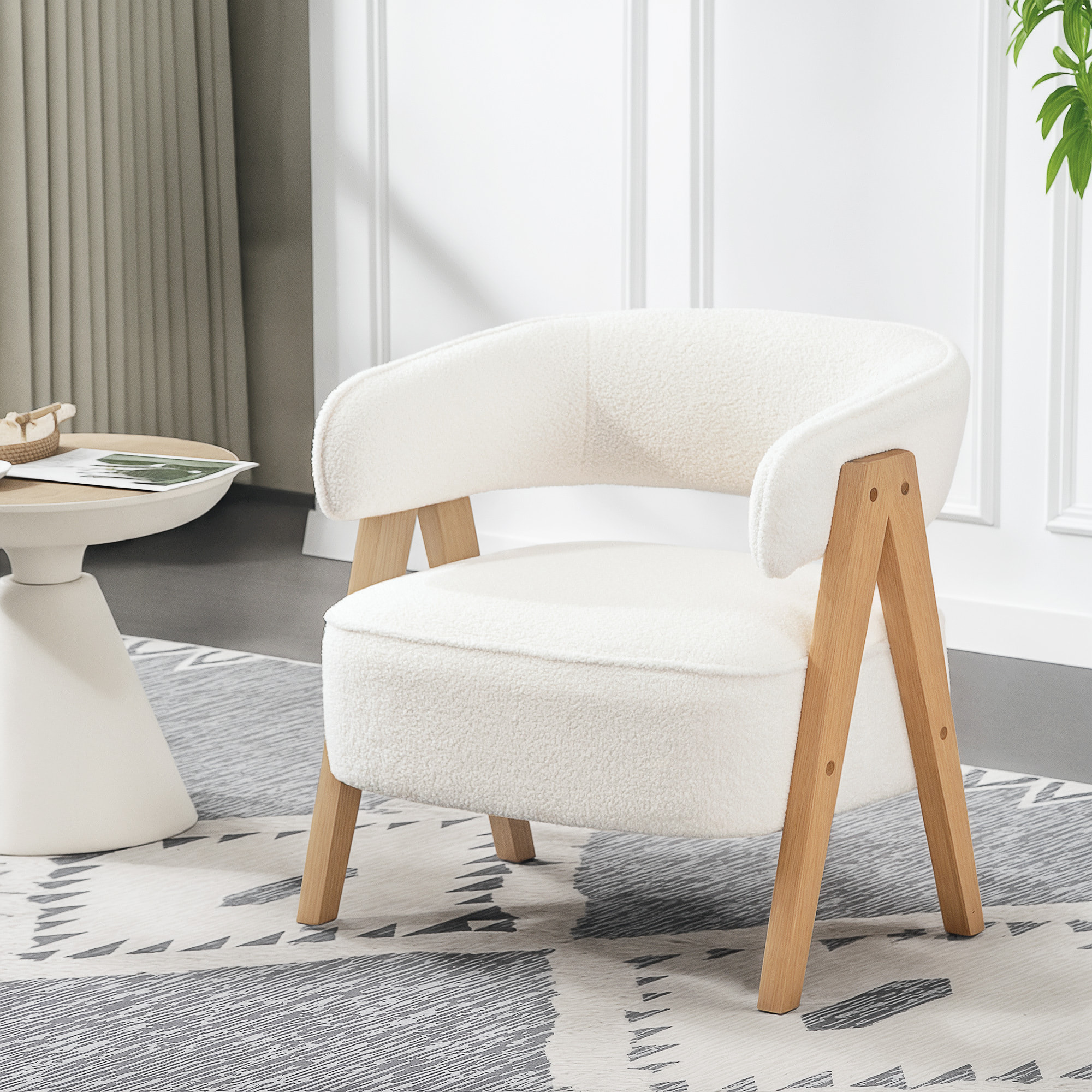 Fauteuil relax design bouclette - dossier enveloppant grand confort - bois blanc
