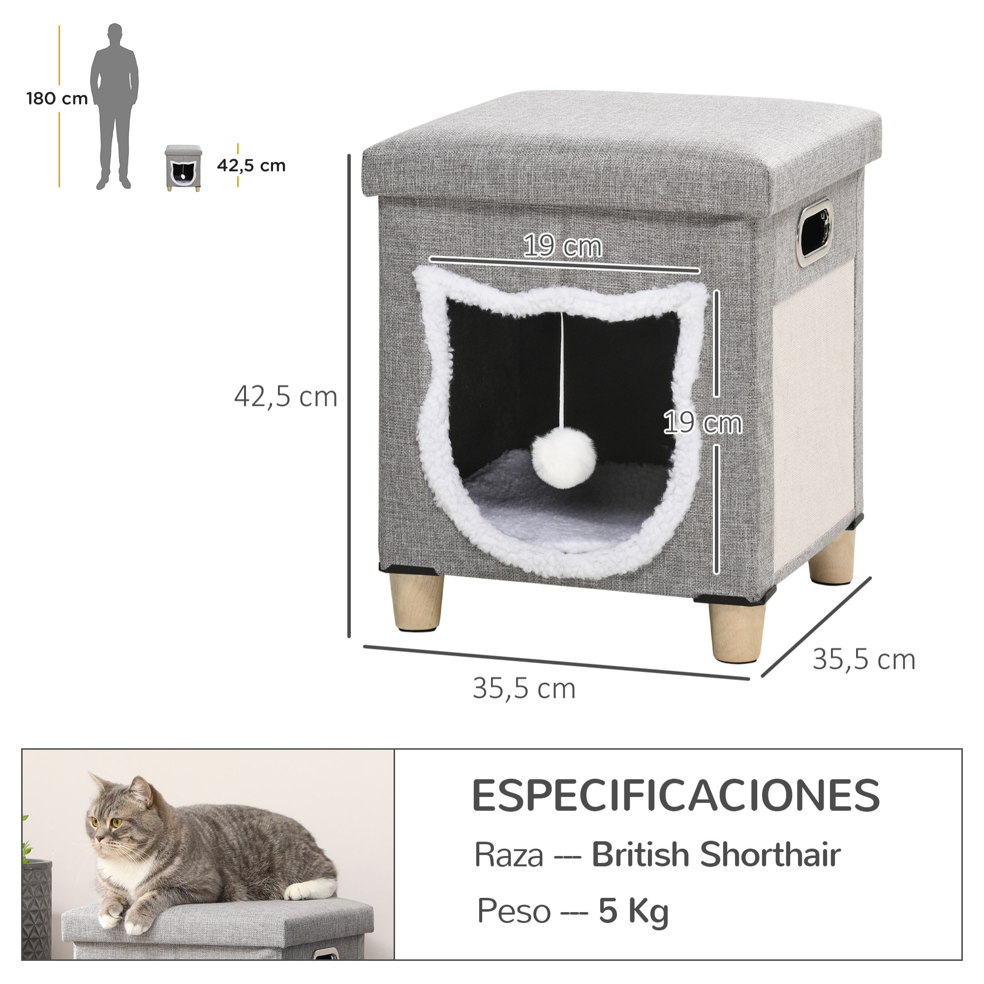 Cama Cueva de Gatos 2 en 1 Casa para Gatos Interior Tipo Reposapiés con Cojín Extraíble Bola Colgante y Almohadilla para Rascar 35,5x35,5x42,5 cm Gris