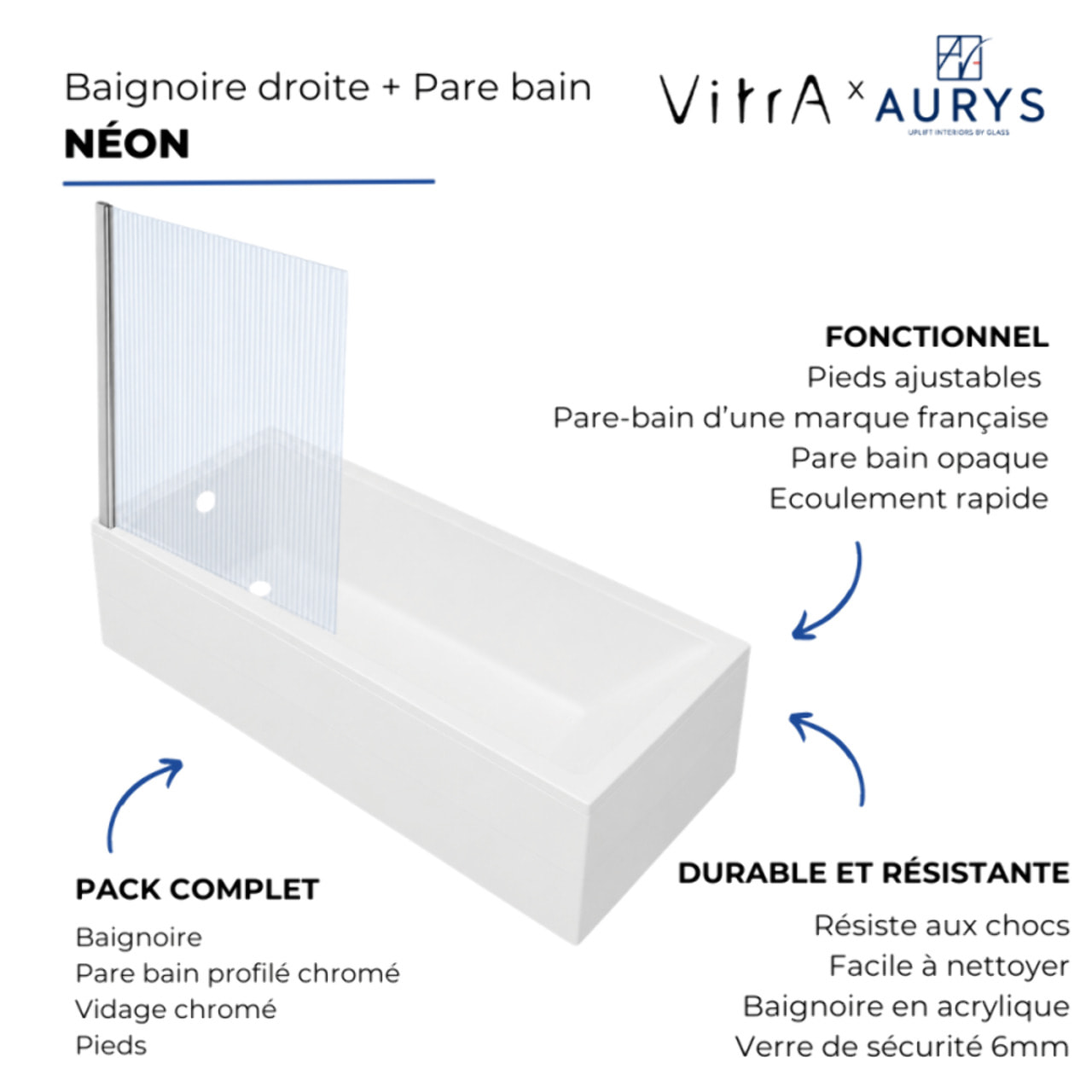 Baignoire rectangulaire Neon 170x75cm + Pare bain gauche AURYS Raywall chromé profilé gauche