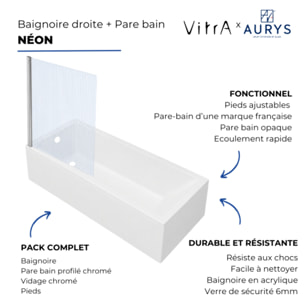 Baignoire rectangulaire Neon 170x75cm + Pare bain gauche AURYS Raywall chromé profilé gauche