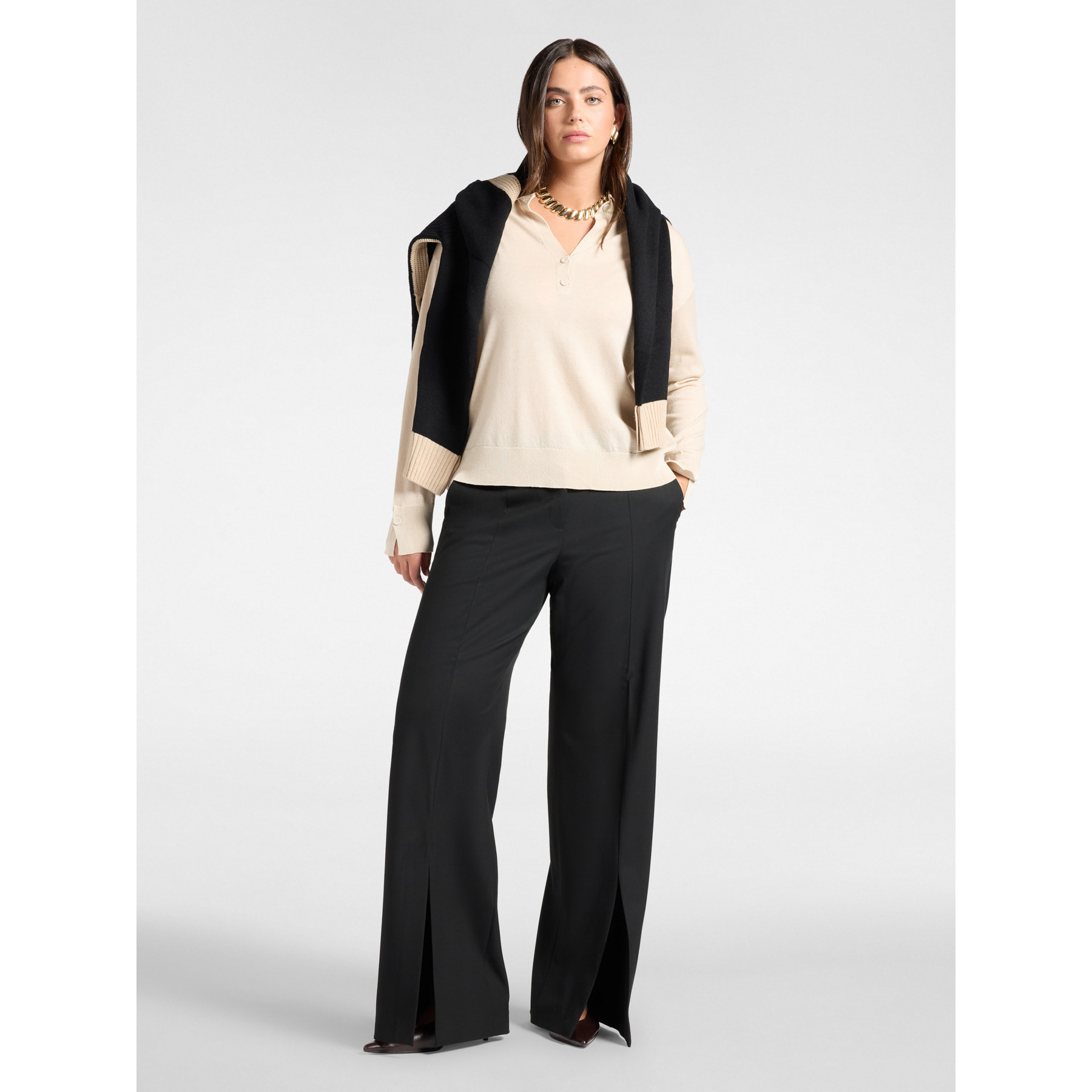 Elena Mirò - Pantaloni flare in flanella con spacchi - Nero