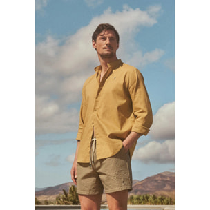 Camicia cotolino kaki con collo alla coreana, regular fit e ricamo Rigby Go