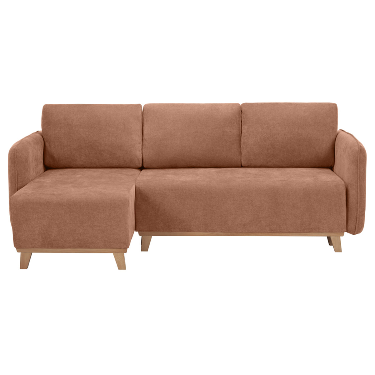 Canapé d'angle convertible et réversible 3-4 places en tissu effet velours terre brûlée et bois clair ROMANE