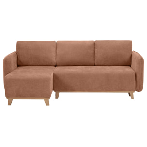 Canapé d'angle convertible et réversible 3-4 places en tissu effet velours terre brûlée et bois clair ROMANE