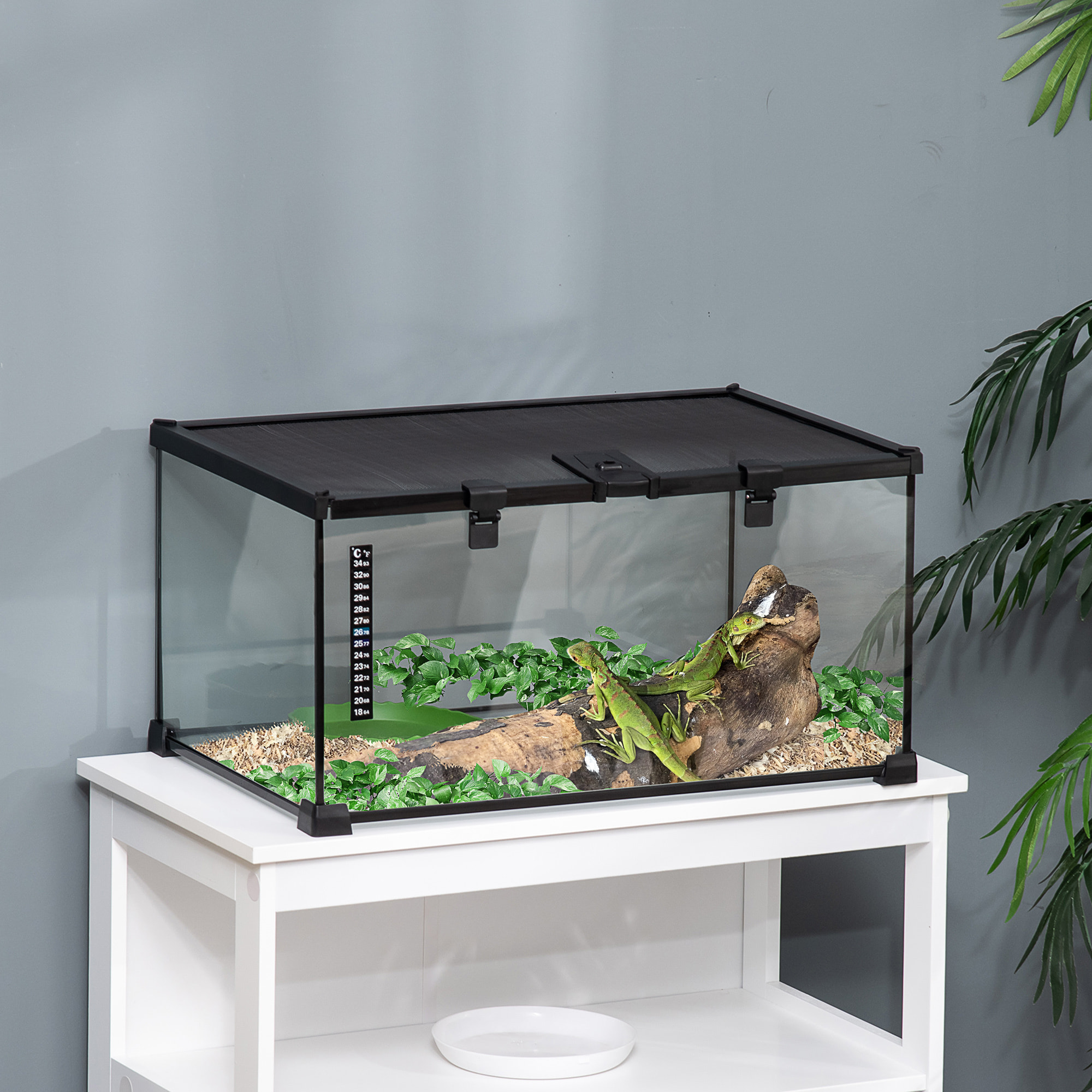 Terrarium en verre - vivarium reptiles & batraciens - habitat tortue - couvercle grillagé coulissant verrouillable - distributeur eau, thermomètre inclus - métal noir verre